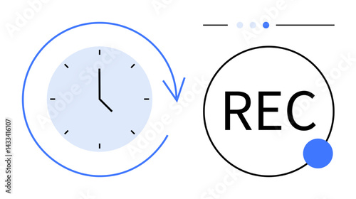 Clock with arrow circling clockwise next to REC text and dot, showcasing time tracking and recording concepts. Ideal for workflow, productivity, reminders, scheduling, planning, automation, simple