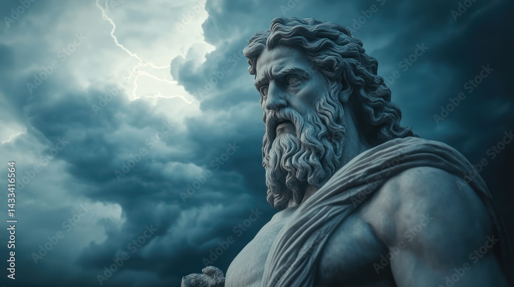 Zeus sculpture stands majestically, face set against dramatic thunderstorm, capturing power, strength of ancient god. Zeus sculpture stands majestically, face set against dramatic thunderstorm, capturing power, strength of ancient god.