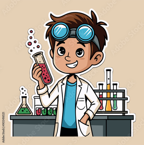 27.epsEk chhota scientist cartoon character jo ek test tube mein chemical hold kar raha hai. Usne white lab coat, blue shirt aur goggles pehne hain. Peeche chemistry lab ke glassware dikh rahe hain—ye