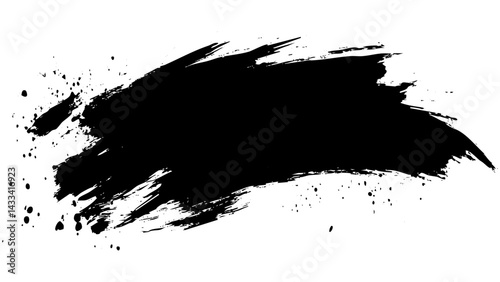 Black paint splash on white canvas with dynamic brush strokes and splatters