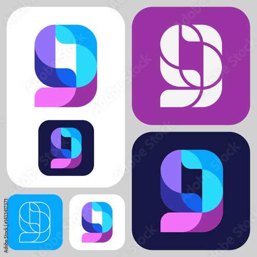 A playful, modern, and colorful lowercase g or number 9 logo. It looks dynamic with its fluid, flowing curves and overlapping colors. A great logo for internet, technology, media, retail, etc.