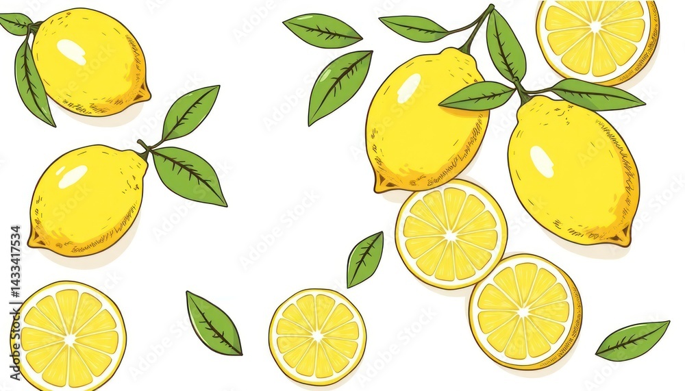 Citrus Fruit Pattern, Lemon Slices & Leaves