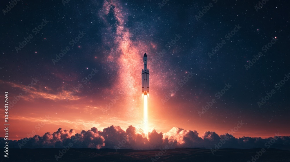 Rocket soars toward starry sky illuminating clouds during launch, symbolizing cosmic exploration, ambition. Rocket soars toward starry sky illuminating clouds during launch, symbolizing cosmic exploration, ambition.