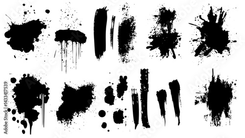 Black paint splashes and stains in various shapes and sizes on a white background