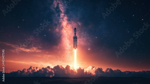 Rocket soars toward starry sky illuminating clouds during launch, symbolizing cosmic exploration, ambition.