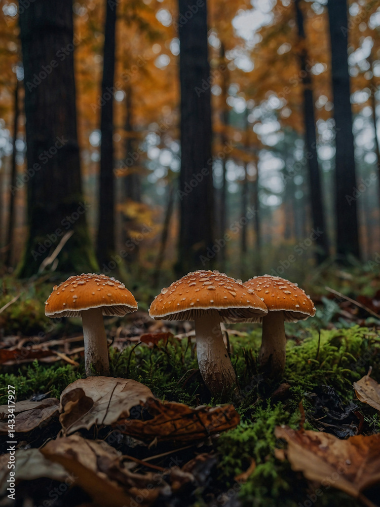 Mushrooms scattered on an autumn forest floor.