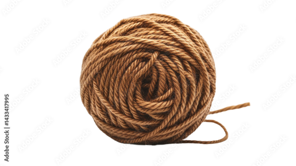 Brown twisted rope ball sits on a plain white background highlighting its texture and shape for crafting use Brown twisted rope ball sits on a plain white background highlighting its texture and shape for crafting use