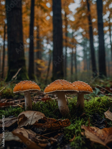 Obraz na płótnie Mushrooms scattered on an autumn forest floor. w salonie