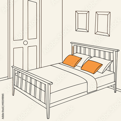 The image shows a minimalist bedroom interior. The focal point is a neatly made bed with a light-colored duvet and two orange square pillows. The bed has a light orange-brown wooden frame. The