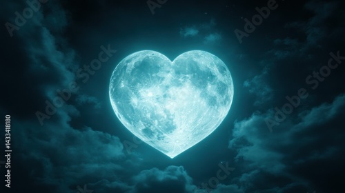 A beautiful glowing heart shaped moon shines in the night sky
