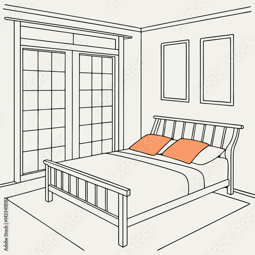 The image shows a minimalist bedroom interior. The focal point is a neatly made bed with a light-colored duvet and two orange square pillows. The bed has a light orange-brown wooden frame. The