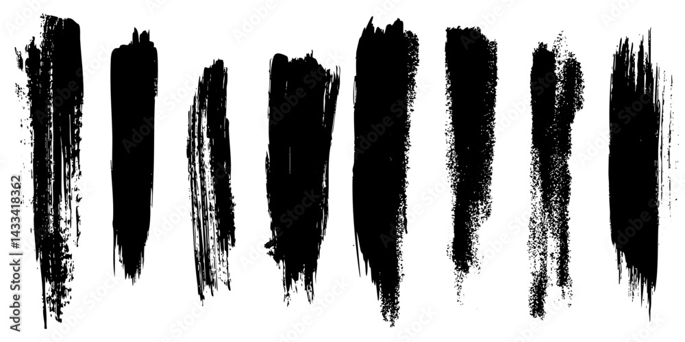 Collection of dynamic black brush strokes on white background for artistic use Collection of dynamic black brush strokes on white background for artistic use