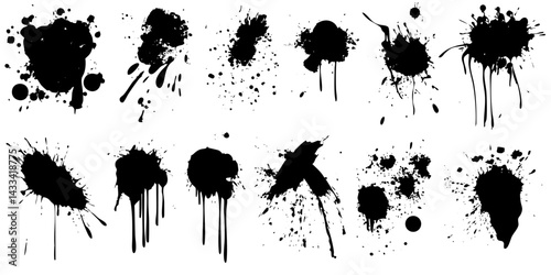 Various black ink splatters and stains showcasing different shapes and sizes on a white background