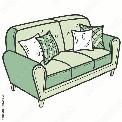 Nice green sofa with pillows over white background