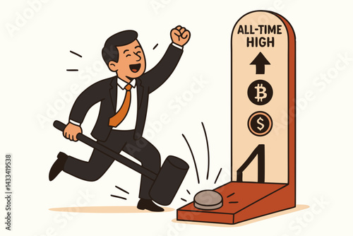 Joyful Businessman Celebrating Cryptocurrency Market Victory with Bitcoin All-Time High Record Strength Test Cartoon Vector Illustration for Financial Success and Investment Growth