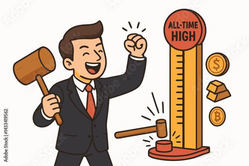 Successful Businessman with Auction Gavel Celebrating All-Time High Investment Returns Vector Illustration - Financial Market Success with Bitcoin, Gold and Dollar Symbols for Business Presentation