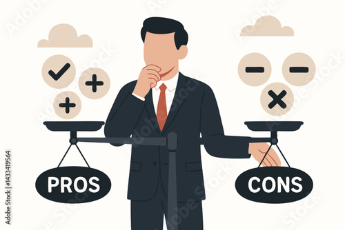 Business Professional Weighing Pros and Cons on Decision Scale Vector Illustration for Strategic Analysis, Corporate Problem Solving, Critical Thinking, and Management Decision-Making Process