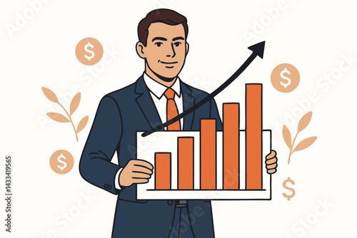Successful Businessman Holding Growing Financial Chart with Dollar Symbols, Modern Vector Illustration for Investment Success, Financial Growth, Stock Market Analysis and Business Profit Visualization