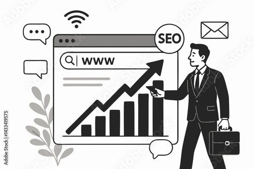 Digital Marketing Concept with Businessman Analyzing SEO Growth Chart on Web Browser, Vector Illustration for Website Optimization, Online Analytics, Business Strategy and Internet Marketing