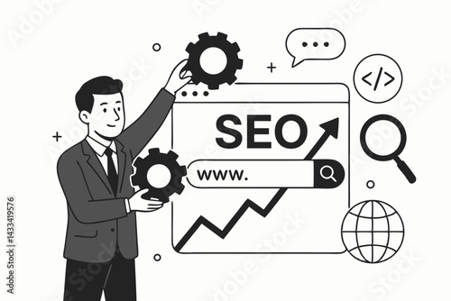SEO Optimization Strategy Vector Illustration, Businessman Configuring Website Performance Analytics with Growth Chart, Digital Marketing and Search Engine Ranking Concept