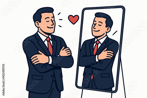 Confident Businessman with Crossed Arms Looking at Mirror Reflection with Red Heart Symbol, Self-Love Concept Vector Illustration for Psychology, Leadership, and Personal Growth Applications