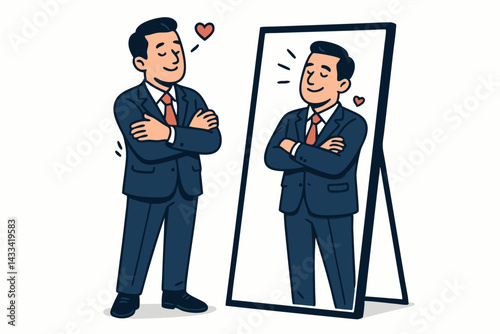 Confident Businessman Looking in Mirror with Self-Admiration Vector Illustration, Professional in Blue Suit with Crossed Arms Embracing Self-Love and Positive Mindset for Corporate Success