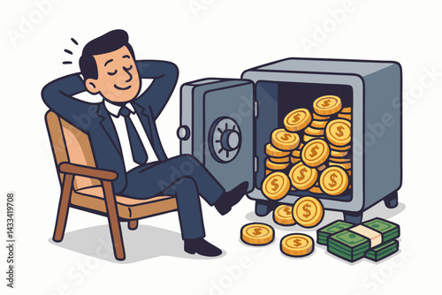 Successful Businessman Relaxing Near Open Safe Full of Gold Coins and Dollar Stacks, Financial Success Vector Illustration for Wealth Management, Investment Returns and Prosperity Concept