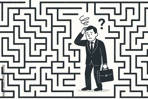 Business Maze Concept Vector: Confused Businessman with Briefcase Lost in Complex Labyrinth, Corporate Problem Solving Illustration for Strategy, Decision Making and Career Challenges