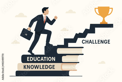 Business Achievement Concept: Ambitious Businessman Climbing Book Stairs Towards Golden Trophy, Education and Knowledge Path to Success Metaphor, Corporate Motivation Vector Illustration