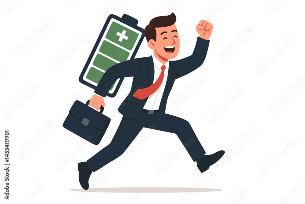 Energetic Businessman with Full Battery Power Running Confidently, Vector Illustration of Motivated Professional with Briefcase, Metaphor for Success and Productivity in Corporate World Energetic Businessman with Full Battery Power Running Confidently, Vector Illustration of Motivated Professional with Briefcase, Metaphor for Success and Productivity in Corporate World
