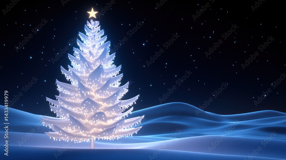 Illuminated Christmas Tree in Snowy Night Landscape Illuminated Christmas Tree in Snowy Night Landscape