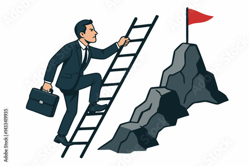 Business Professional Climbing Ladder to Success with Briefcase, Career Achievement Metaphor, Mountain Summit with Red Flag, Corporate Ambition Vector Illustration for Leadership and Goal Attainment