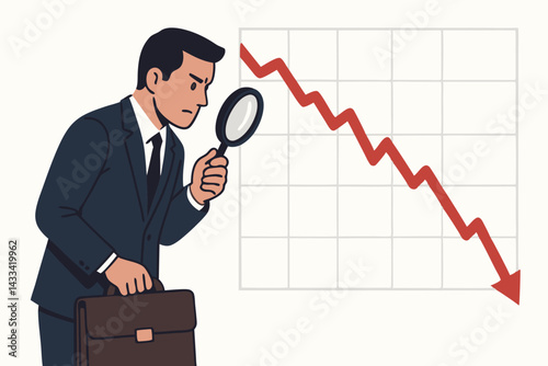 Business Analysis Vector: Professional Businessman with Magnifying Glass Examining Declining Stock Market Graph Chart with Red Arrow Going Down, Financial Crisis Investigation Illustration