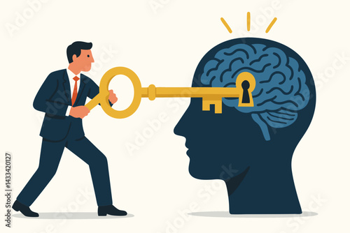 Unlocking Mental Potential Vector Illustration with Businessman Holding Golden Key to Brain Symbolizing Mindfulness, Innovation, Psychology, Business Intelligence and Success Strategy