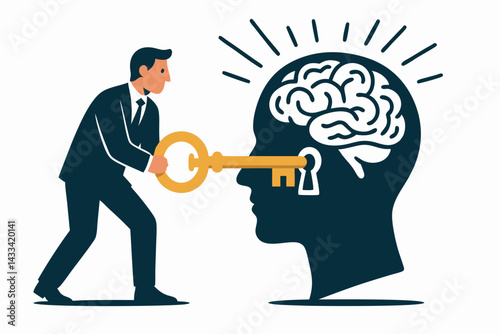Unlocking Mental Potential Vector Illustration - Business Professional with Golden Key Accessing Brain Knowledge - Creative Concept for Mindset Development and Cognitive Growth