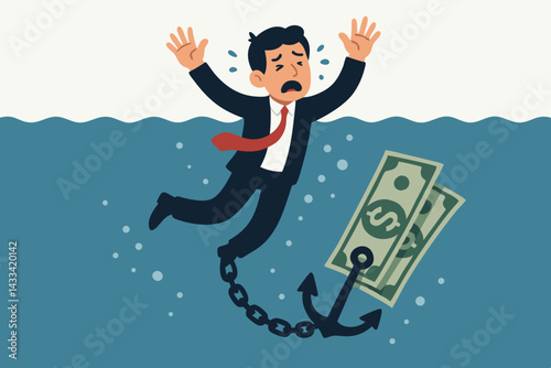 Businessman drowning underwater chained to money anchor, financial debt crisis concept, corporate bankruptcy metaphor, economic hardship illustration, business failure vector