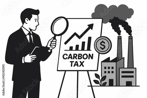 Carbon Tax Analysis Vector Illustration, Business Professional Examining Financial Impact of Environmental Policy, Climate Change Economy Concept with Factory Emissions and Growth Chart