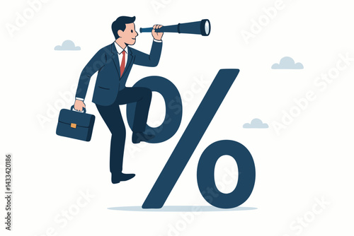 Business Vision and Financial Growth Concept Vector: Business Professional with Spyglass Standing on Percentage Symbol Searching for Investment Opportunities and Market Trends