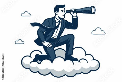 Business Vision Concept Vector Illustration: Professional Businessman Standing on Cloud Using Telescope for Future Forecasting, Strategic Planning, and Market Opportunity Discovery in Monochrome Style