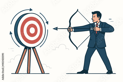 Business Target Achievement Concept Vector Illustration with Determined Businessman Archer Aiming at Bullseye, Strategic Goal Setting and Precision Focus for Success in Corporate Environment