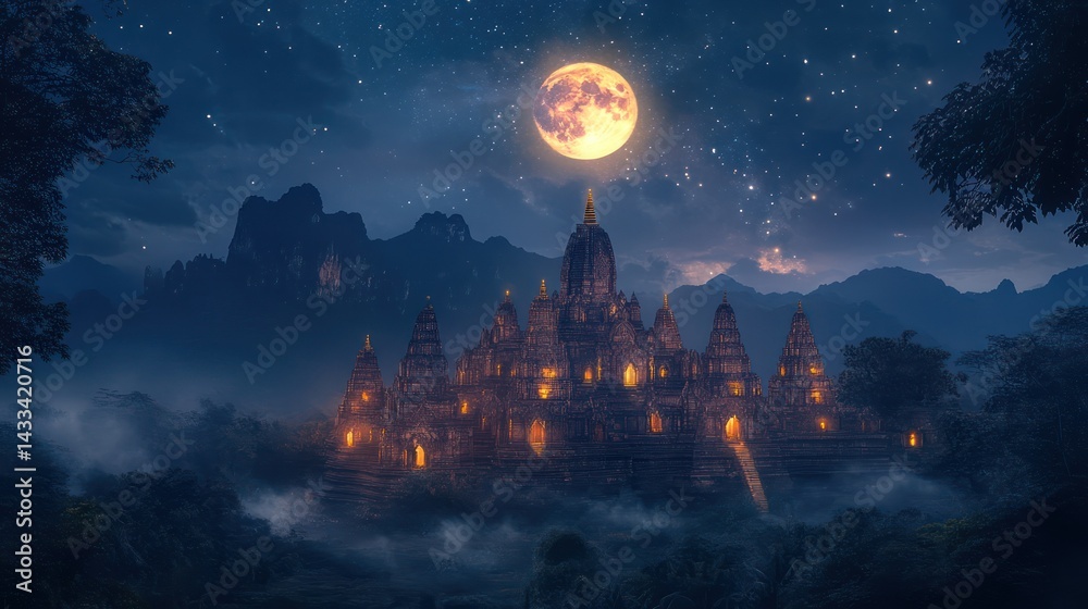 Naklejka premium Temple complex illuminates under moonlight, pagoda standing as tranquil icon surrounded by forest, mountains.