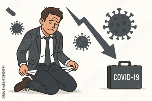 Pandemic Economic Impact Vector Illustration with Worried Businessman Showing Empty Pockets Near COVID-19 Briefcase and Downward Financial Graph, Business Crisis Concept for Finance Articles