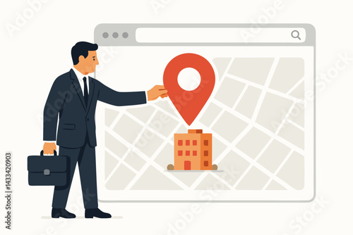 Business Location Finder Vector Illustration with Businessman Pointing at Digital Map Pin Above Office Building on Website Interface, Commercial Real Estate Navigation Concept for Mobile Apps