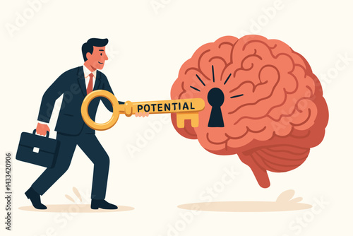 Unlocking Mental Potential Vector Illustration with Businessman Using Golden Key to Access Brain Knowledge, Business Concept for Personal Growth, Mindset Development and Success Strategy