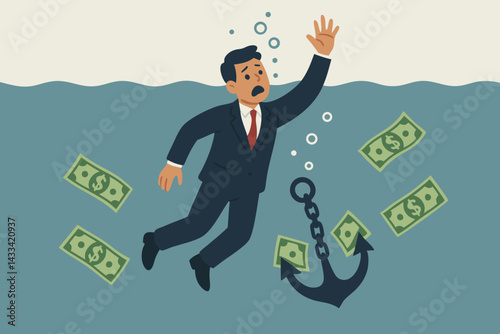 Businessman Drowning in Debt with Money Anchor Conceptual Vector Illustration, Financial Crisis Metaphor, Corporate Bankruptcy Concept, Economic Hardship Symbolic Graphic for Business Finance Articles