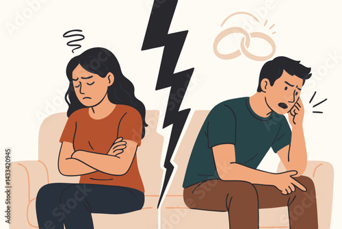 Relationship Conflict Vector Illustration with Couple Arguing on Couch, Emotional Tension Lightning Bolt Symbol, Breakup Concept for Therapy, Counseling, and Relationship Education Resources