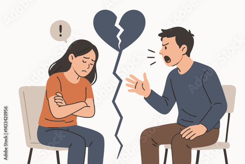 Relationship Conflict Vector Illustration with Broken Heart, Couple Arguing on Chairs, Emotional Distress Scene for Therapy Resources, Relationship Counseling, and Divorce Concept Minimalist Design
