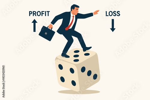 Business Risk Management Concept: Businessman Balancing on Dice Between Profit and Loss, Financial Gamble Vector Illustration for Investment Decision, Corporate Strategy, and Market Uncertainty