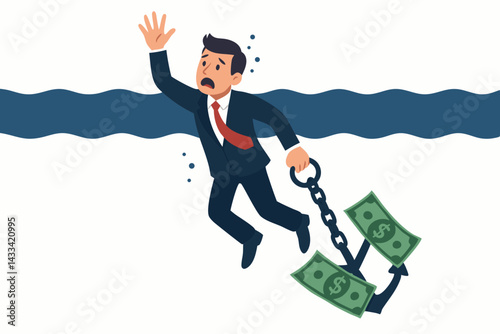 Businessman Drowning in Debt Crisis Vector Illustration, Financial Burden Concept with Desperate Professional Sinking in Water, Money Problems Metaphor with Dollar Bills Anchor, Business Failure