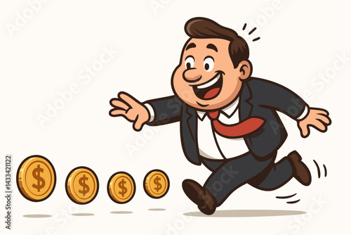 Cartoon Businessman Chasing Gold Dollar Coins with Excited Expression, Financial Success Vector Illustration for Finance, Profit Chase, Business Growth, and Money Management Concept